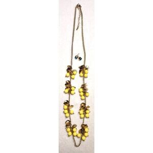 MCM Goldtone Multi Strand Yellow Bead Statement Necklace & Green Accent Earrings